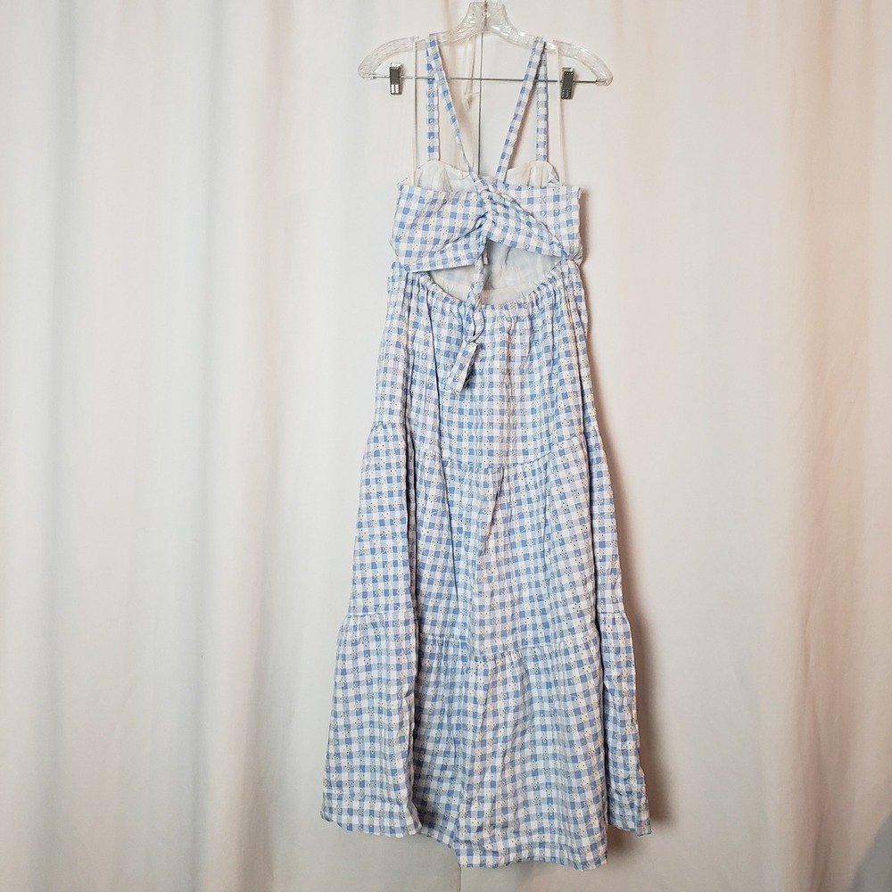 Lost + Wander Blue Gingham Daisy Eyelet Tiered Maxi Dress Size L - Picture 3 of 7
